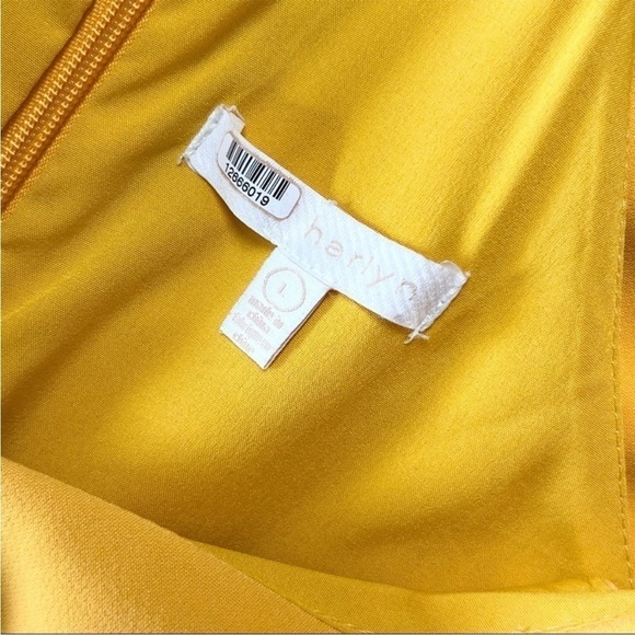 HARLYN Asymmetrical Ruffle Sleeveless V-Neck Yellow‎ Crepe Sheath Midi Dress L - Picture 5 of 8